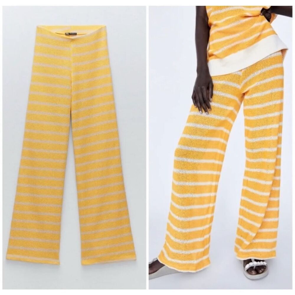 ZARA | Yellow White Stripe High Waist Knit Wide Leg Trousers‎ Pull On | Large